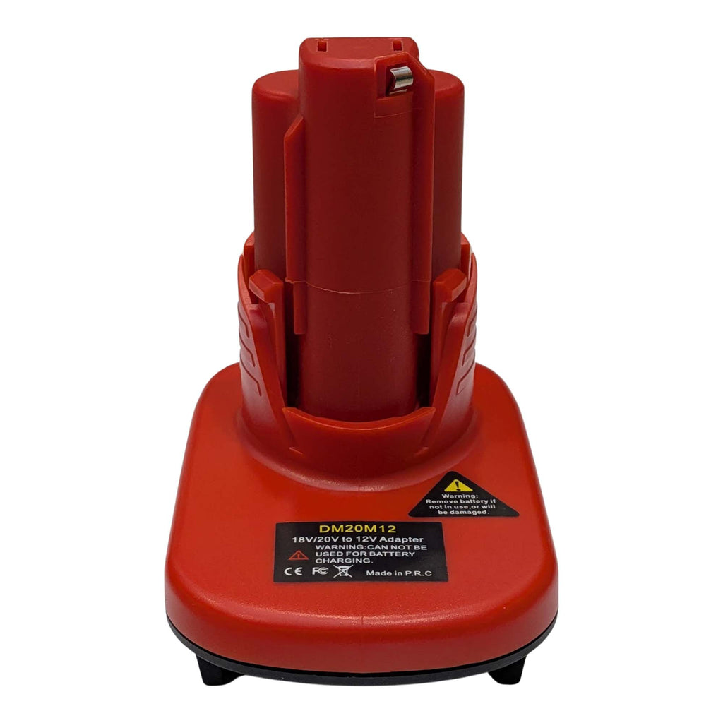 Milwaukee M18 to Milwaukee M12 battery adapter - front view, tool-side stem with its side rails and printed label