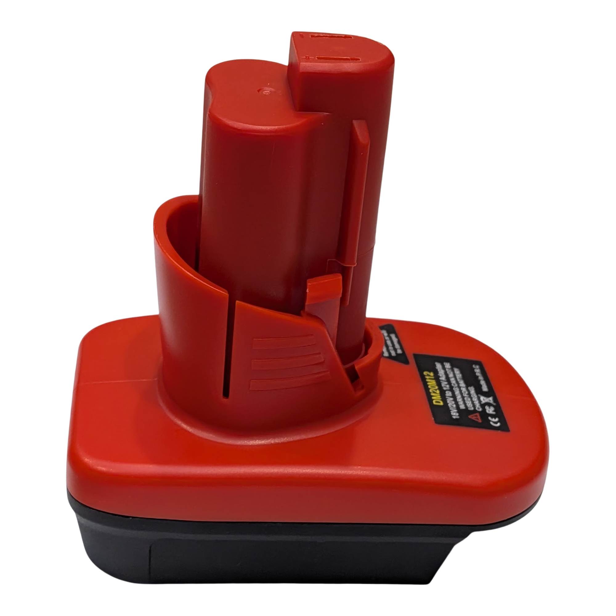 Milwaukee M18 to Milwaukee M12 battery adapter - front angle view, tool-side stem above the body and printed label