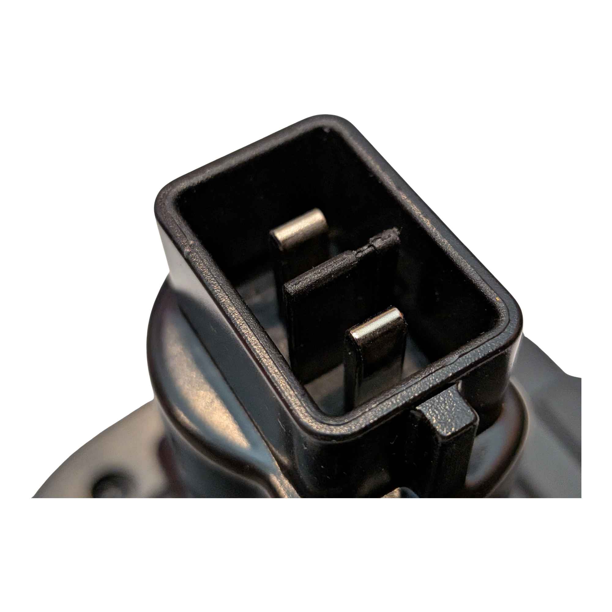 Milwaukee M18 to DeWalt 18V Ni-Cd battery adapter - close-up of the DeWalt tool-side terminal well with twin copper blades