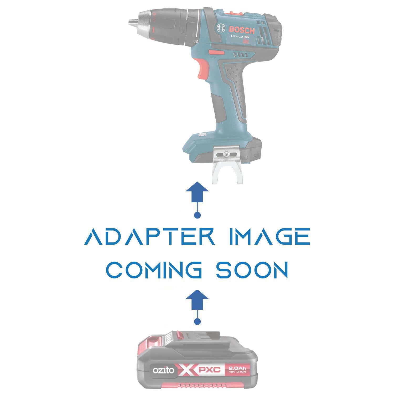 Ozito 18V PXC to Bosch 18V GBA (Blue) battery adapter - placeholder text reading adapter image coming soon