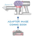 Ozito 18V PXC to Dyson V7 battery adapter - placeholder text reading adapter image coming soon, cordless vacuum above