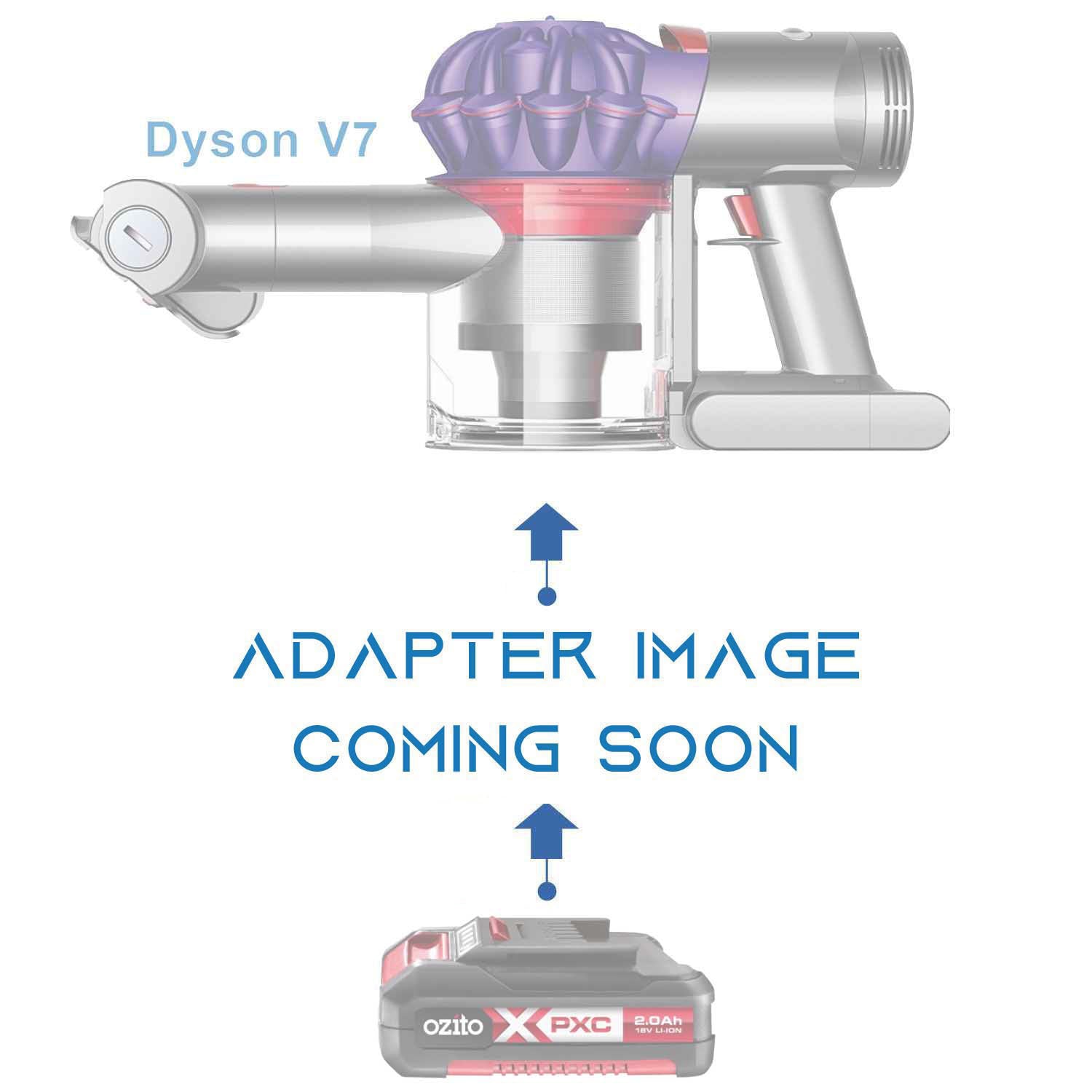 Ozito 18V PXC to Dyson V7 battery adapter - placeholder text reading adapter image coming soon, cordless vacuum above