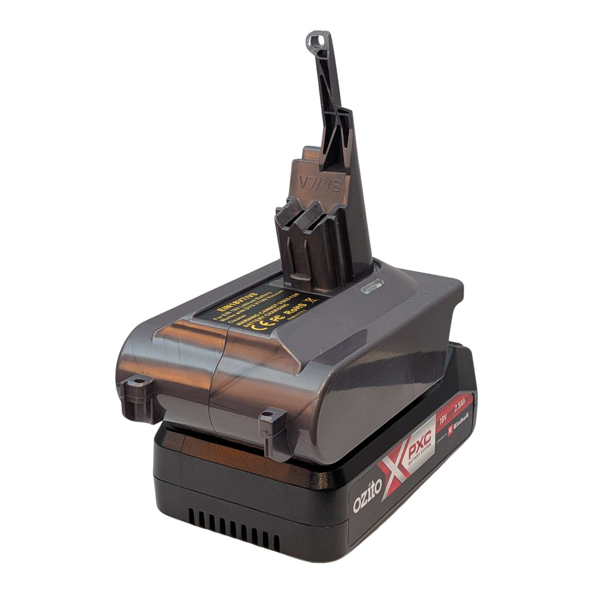 Ozito 18V PXC to Dyson V8 battery adapter: Battery on Adapter, Right