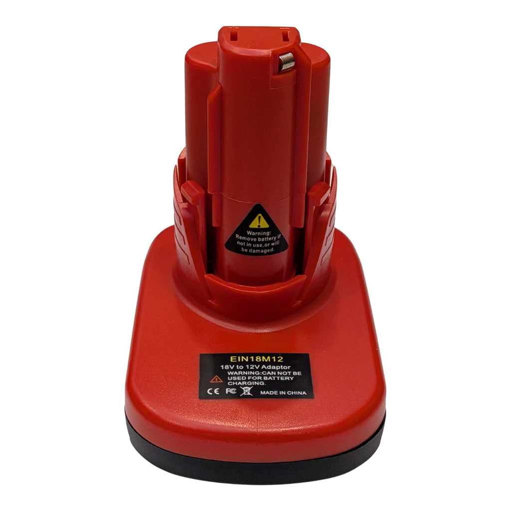Ozito 18V PXC to Milwaukee M12 battery adapter - front view, tool-side stem with twin release catches over the black base
