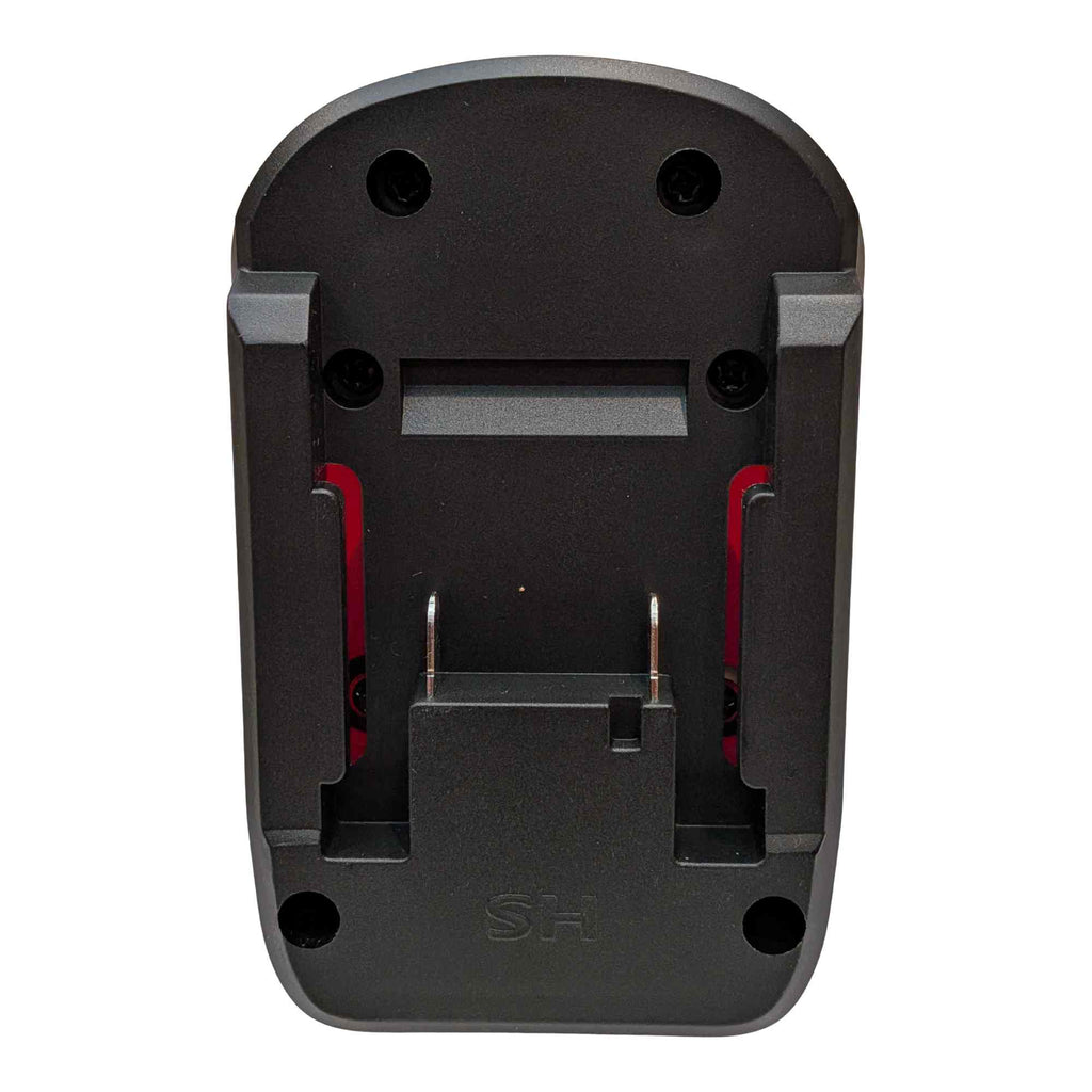 Ozito 18V PXC to Milwaukee M12 battery adapter - battery-side connection, twin copper blade terminals and the red catches