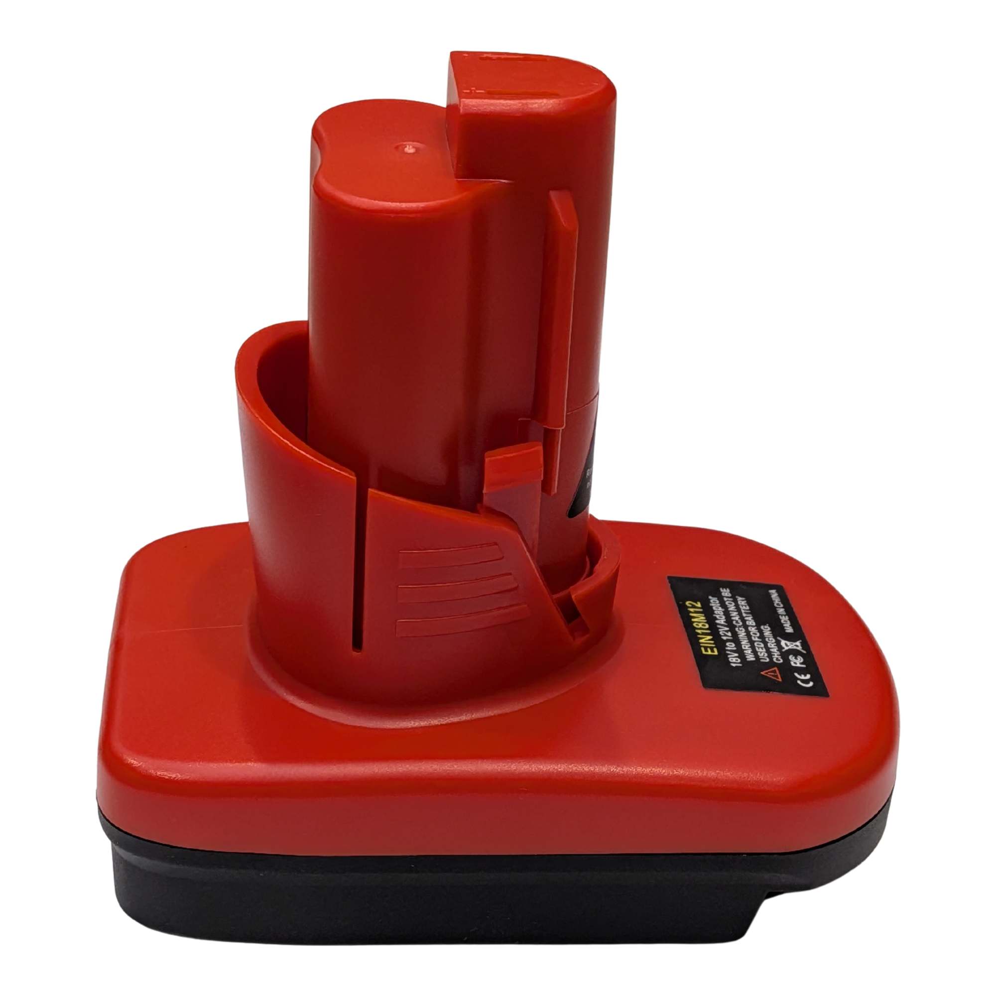Ozito 18V PXC to Milwaukee M12 battery adapter - side view showing both connections, red body over the black base