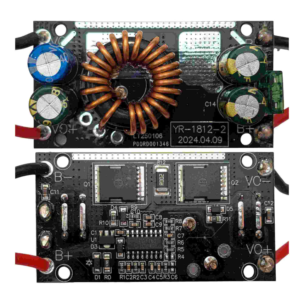 Ozito 18V PXC to Milwaukee M12 battery adapter - both faces of the circuit board, coil, capacitors and lead wires