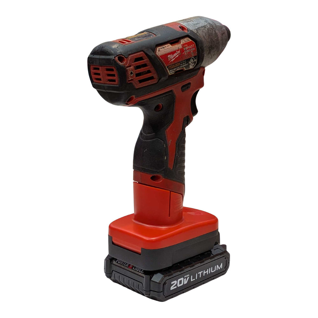 Porter Cable 20V to Milwaukee M12 battery adapter - impact driver installed on the tool side, fitted to the battery pack