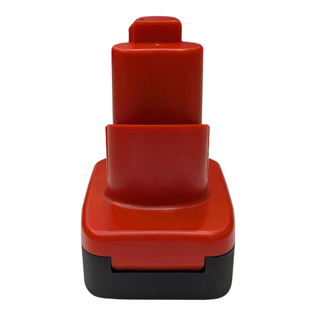 Porter Cable 20V to Milwaukee M12 battery adapter - rear view, red tool-side tower and black battery-side skirt