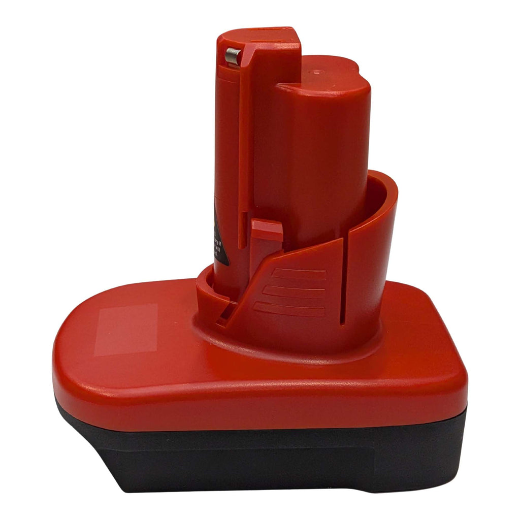Porter Cable 20V to Milwaukee M12 battery adapter - side view showing both connections, red tower above the black skirt