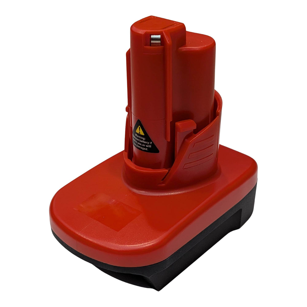 Porter Cable 20V to Milwaukee M12 battery adapter - red Milwaukee tool-side tower over the black battery-side skirt
