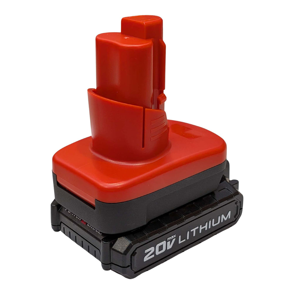 Porter Cable 20V to Milwaukee M12 battery adapter - fitted to the Porter Cable 20V battery, red tool-side tower upward