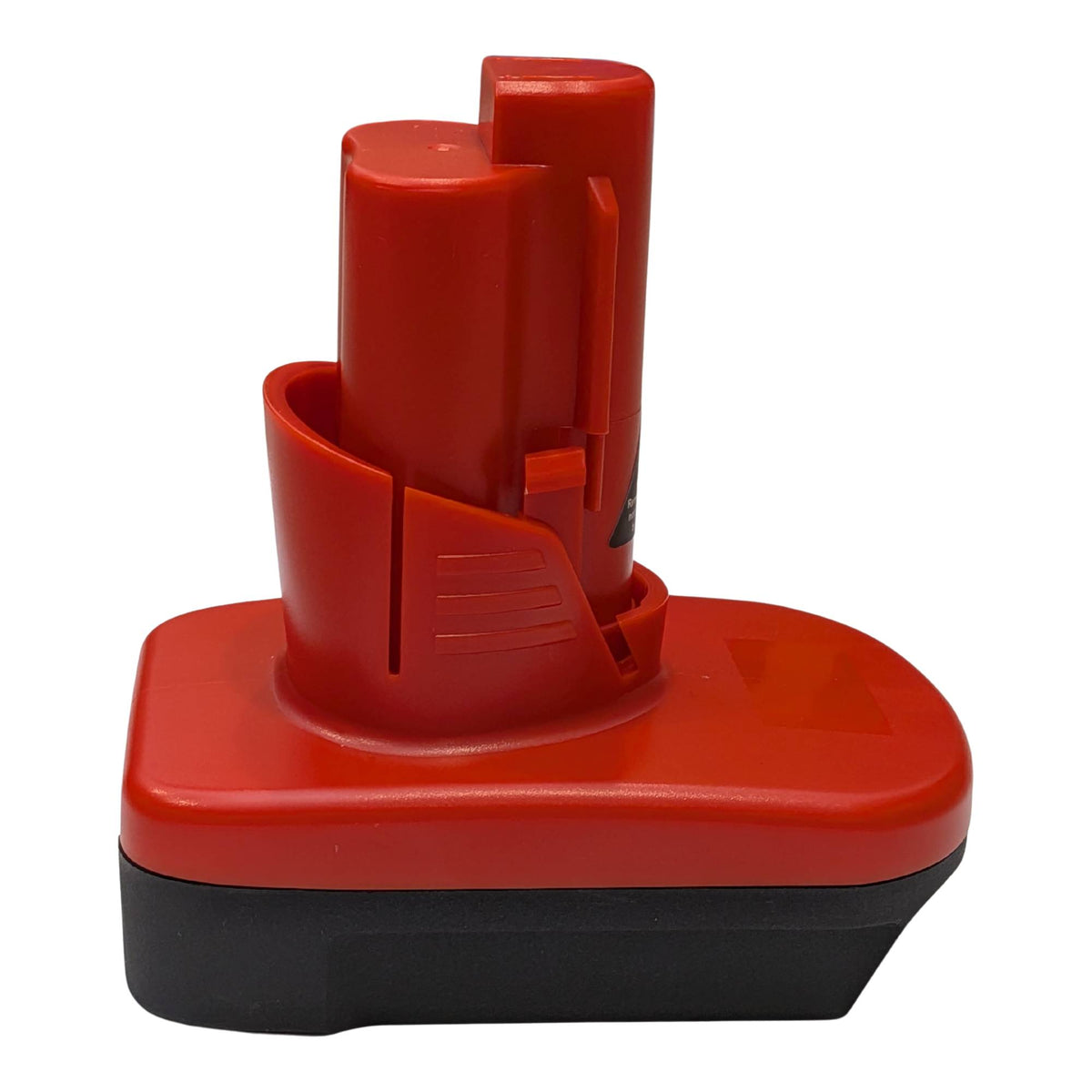 Porter Cable 20V to Milwaukee M12 battery adapter - side view showing both connections, red tower above the black skirt