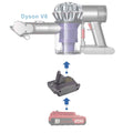 Porter Cable 20V to Dyson V6 battery adapter - compatibility diagram showing battery, adapter and cordless stick vacuum