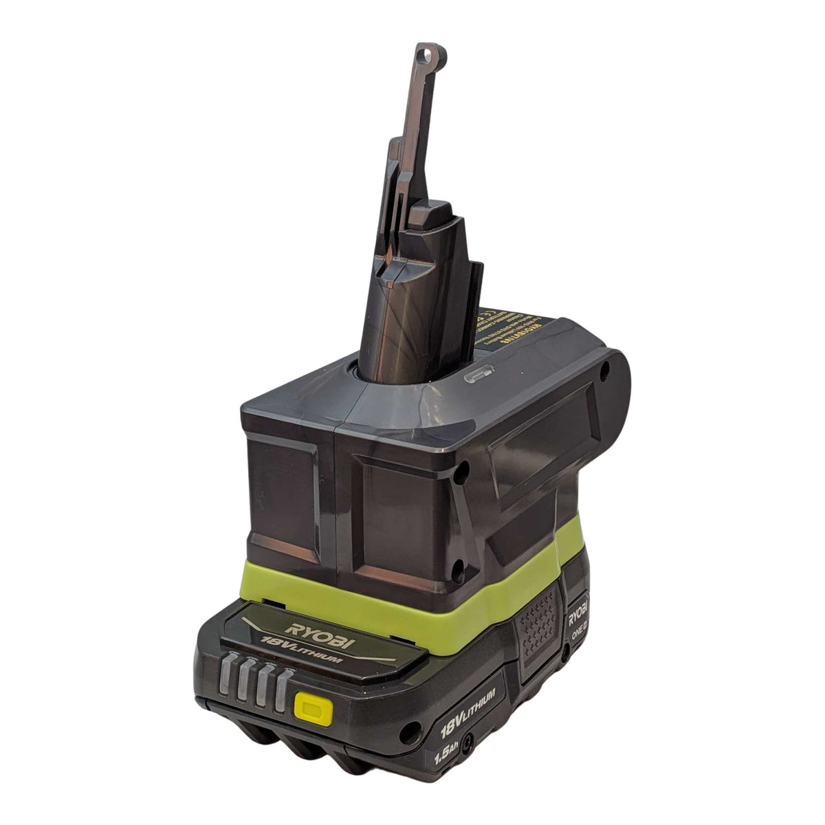 Ryobi 18V ONE+ to Dyson V7 battery adapter: Battery on Adapter, Left