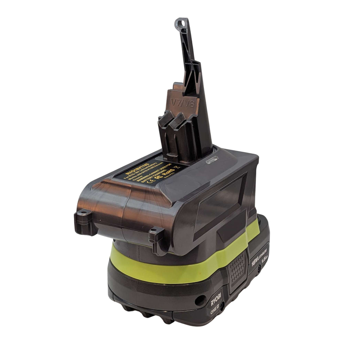 Ryobi 18V ONE+ to Dyson V7 battery adapter: Battery on Adapter, Right