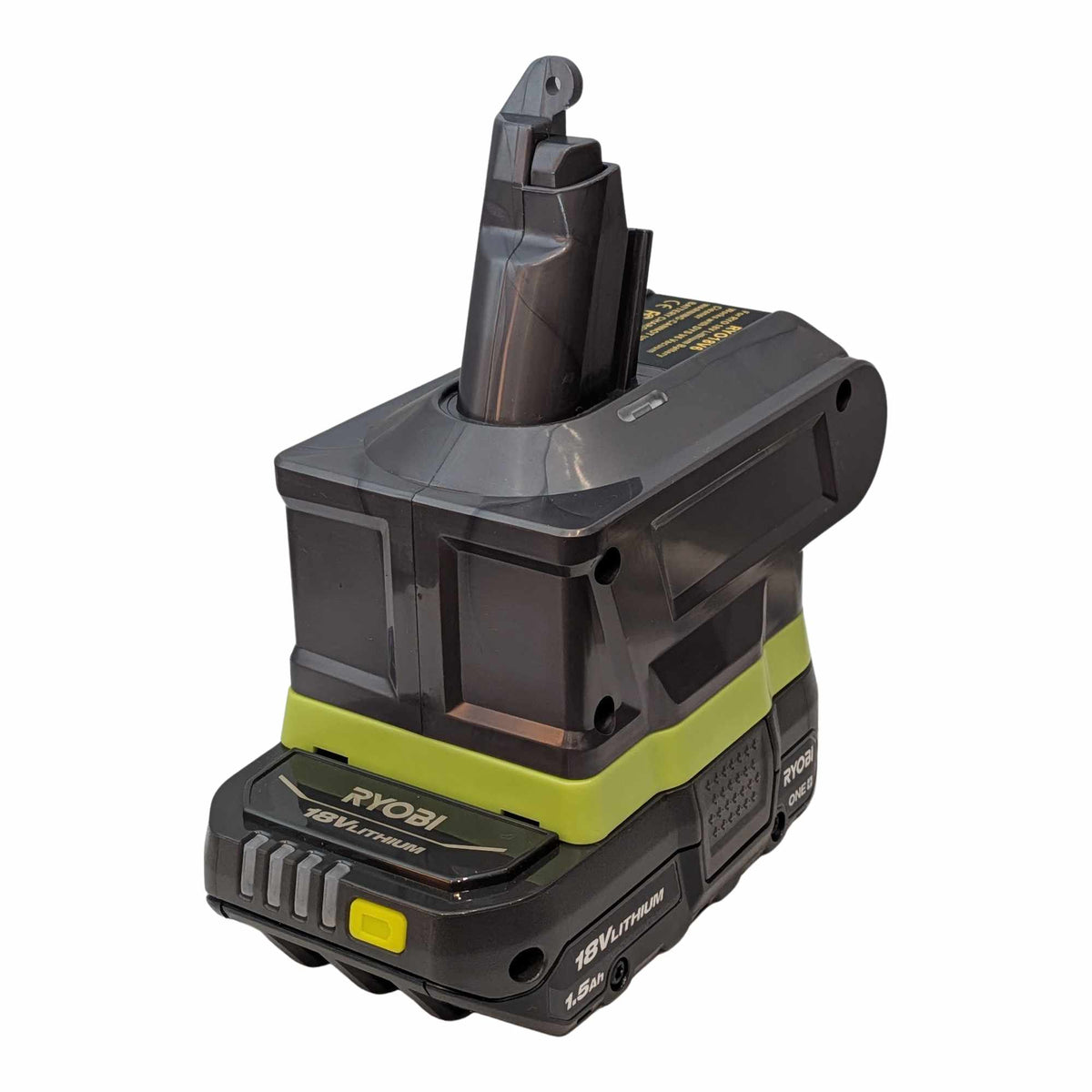 Ryobi 18V ONE+ to Dyson V6 battery adapter: Battery on Adapter, Left